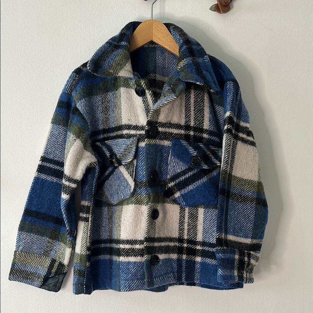 VINTAGE Kids Blue and Green Wool Plaid Shirt Jacket